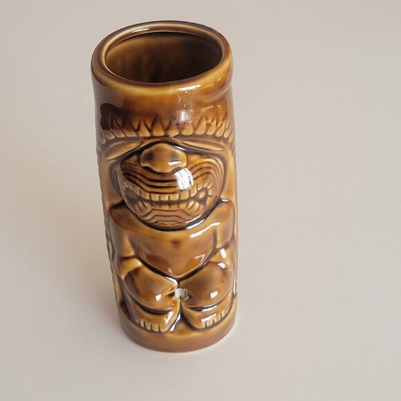 Hawaiian Polynesian Tiki Mug Cup  Vase Brown Barware Glazed  6 1/3" tall - Picture 1 of 8